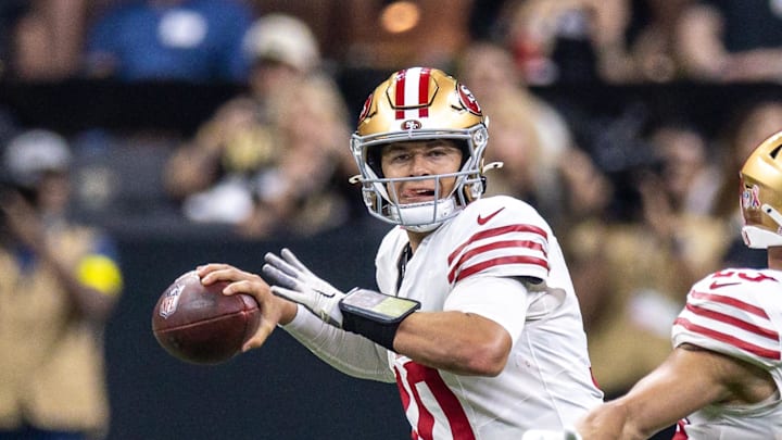 Sep 14, 2025; New Orleans, Louisiana, USA; San Francisco 49ers quarterback Mac Jones (10) passes against the New Orleans Saints during the first half at Caesars Superdome. Mandatory Credit: Stephen Lew-Imagn Images Sep 14, 2025; New Orleans, Louisiana, USA; San Francisco 49ers quarterback Mac Jones (10) passes against the New Orleans Saints during the first half at Caesars Superdome. Mandatory Credit: Stephen Lew-Imagn Images