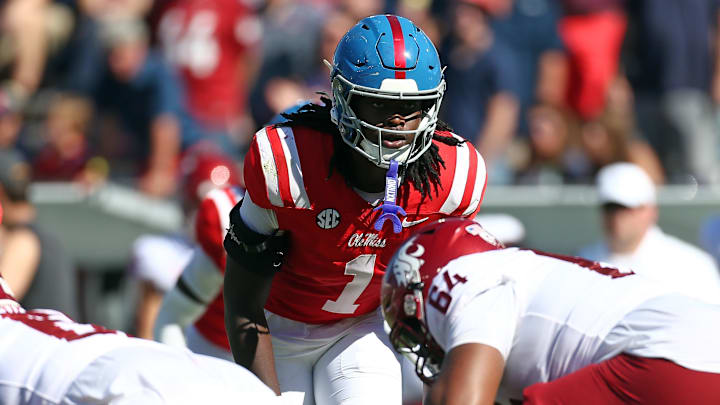 Oct 11, 2025; Oxford, Mississippi, USA; Mississippi Rebels linebacker Princewill Umanmielen (1) lines up during the fourth quarter against the Washington State Cougars at Vaught-Hemingway Stadium. Mandatory Credit: Petre Thomas-Imagn Images