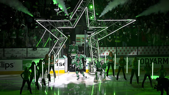 May 17, 2025; Dallas, Texas, USA; The Dallas Stars take the ice to face the Winnipeg Jets in game six of the second round of the 2025 Stanley Cup Playoffs at American Airlines Center. Mandatory Credit: Jerome Miron-Imagn Images