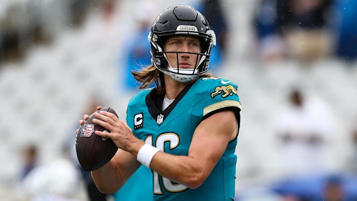 Oct 6, 2024; Jacksonville, Florida, USA; Jacksonville Jaguars quarterback Trevor Lawrence (16) warms up before a game against the Indianapolis Colts at EverBank Stadium. Mandatory Credit: Nathan Ray Seebeck-Imagn Images