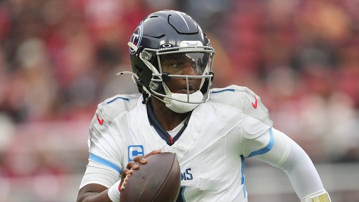 Dec 14, 2025; Santa Clara, California, USA;  Tennessee Titans quarterback Cam Ward (1) looks to pass during the first quarter against the San Francisco 49ers at Levi's Stadium. Mandatory Credit: Cary Edmondson-Imagn Images