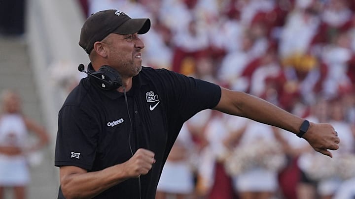 Iowa State Cyclones' football head coach Matt Campbell reacts during the first quarter game against Arizona in the Big-12 conference showdown on Sept. 27, 2025, at Jack Trice Stadium in Ames, Iowa. Iowa State Cyclones' football head coach Matt Campbell reacts during the first quarter game against Arizona in the Big-12 conference showdown on Sept. 27, 2025, at Jack Trice Stadium in Ames, Iowa.