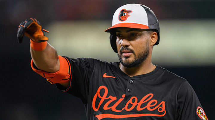 Jul 29, 2024; Baltimore, Maryland, USA; Baltimore Orioles outfielder Anthony Santander (25) reacts after hitting a single during the second inning against the Toronto Blue Jays at Oriole Park at Camden Yards Jul 29, 2024; Baltimore, Maryland, USA; Baltimore Orioles outfielder Anthony Santander (25) reacts after hitting a single during the second inning against the Toronto Blue Jays at Oriole Park at Camden Yards