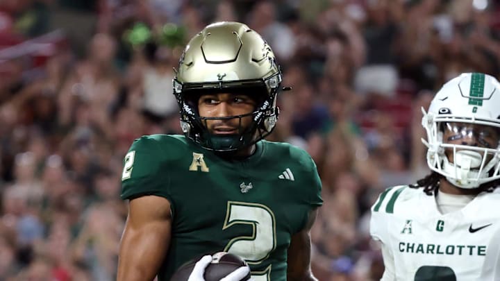 Oct 3, 2025; Tampa, Florida, USA; South Florida Bulls wide receiver Chas Nimrod (2) scored a touchdown against the Charlotte 49ers during the second quarter at Raymond James Stadium. Mandatory Credit: Kim Klement Neitzel-Imagn Images