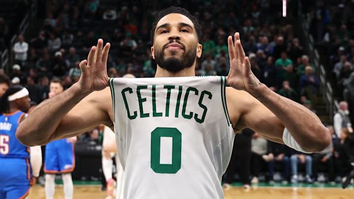 Mar 25, 2026; Boston, Massachusetts, USA; Boston Celtics forward Jayson Tatum (0) shows off his jersey before their game against the Oklahoma City Thunder at TD Garden. Mandatory Credit: Winslow Townson-Imagn Images