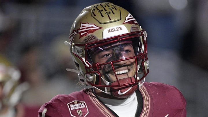 Nov 1, 2025; Tallahassee, Florida, USA; Florida State Seminoles quarterback Tommy Castellanos (1) celebrates a touchdown during the second half against the Wake Forest Demon Deacons at Doak S. Campbell Stadium. Mandatory Credit: Melina Myers-Imagn Images