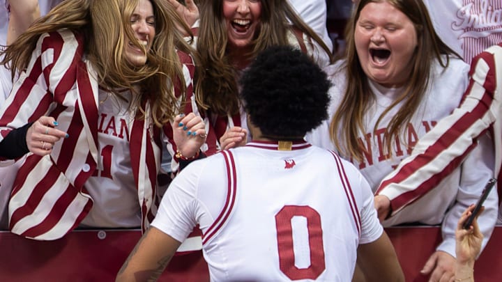 Indiana guard Jasai Miles celebrates with fans Jan. 27, 2026, after beating Purdue at Simon Skjodt Assembly Hall in Bloomington.