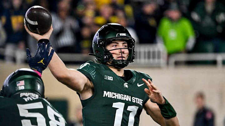 Michigan State's Alessio Milivojevic throws a pass against Michigan during the fourth quarter on Saturday, Oct. 25, 2025, at Spartan Stadium in East Lansing.