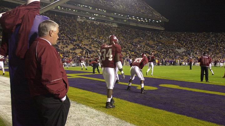 Alabama football coach Dennis Franchione watches his team warm up before kick off in Death Valley. Alabama traveled to Baton Rouge to take on LSU in 2002. Alabama football coach Dennis Franchione watches his team warm up before kick off in Death Valley. Alabama traveled to Baton Rouge to take on LSU in 2002.