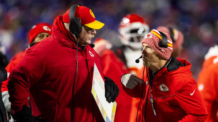 Jan 21, 2024; Orchard Park, New York, USA; Kansas City head coach Andy Reid (left) with defensive coordinator Steve Spagnuolo against the Buffalo Bills for the 2024 AFC divisional round game at Highmark Stadium. Mandatory Credit: Mark J. Rebilas-Imagn Images