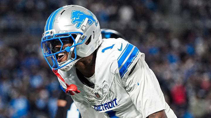 Detroit Lions wide receiver Jameson Williams (1) celebrates a first down against Carolina Panthersm during the first half at Bank of America Stadium in Charlotte on Sunday, Oct. 4, 2026.