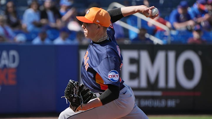 Houston Astros pitcher AJ Blubaugh (69) pitches