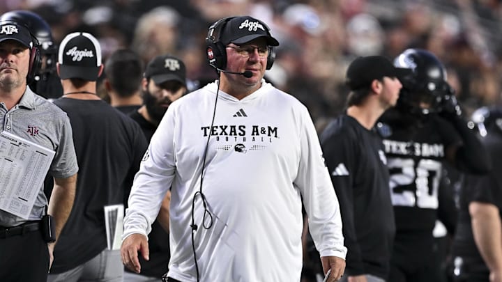 Texas A&M Aggies head coach Mike Elko looks on during the first half against the Mississippi State Bulldogs.
