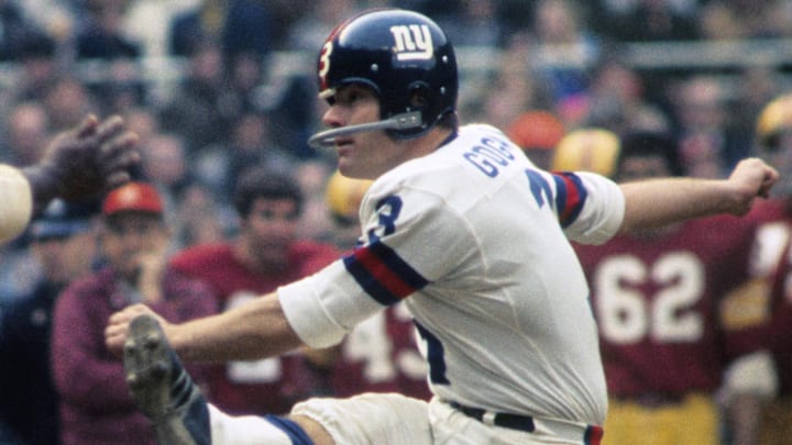 Nov 29, 1970; Washington, DC, USA; FILE PHOTO; New York Giants kicker Pete Gogolak (3) kicks a field goal against the Washington Redskins at RFK Stadium.  