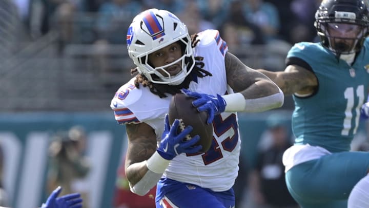 Buffalo Bills linebacker Shaq Thompson (45) intercepts the ball during the first half against the Jacksonville Jaguars in an AFC Wild Card Round game at EverBank Stadium.