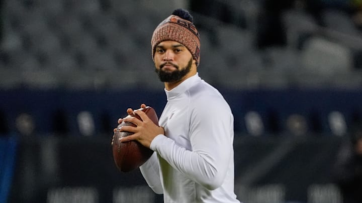 Jan 10, 2026; Chicago, IL, USA; Chicago Bears quarterback Caleb Williams (18) warms up prior to an NFC Wild Card Round game against the Green Bay Packers at Soldier Field. Mandatory Credit: David Banks-Imagn Images
