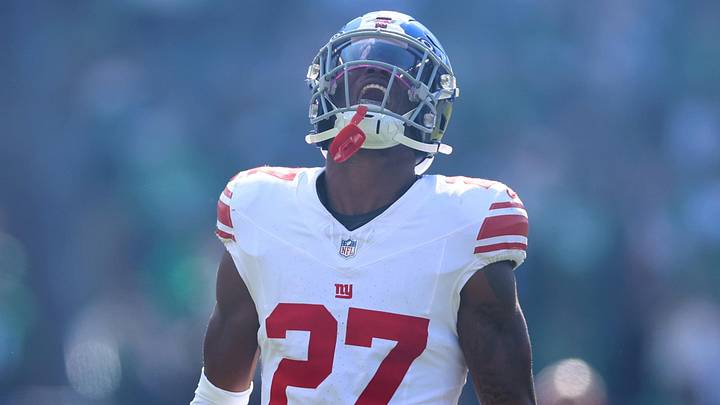 Oct 26, 2025; Philadelphia, Pennsylvania, USA; New York Giants safety Tyler Nubin (27) reacts before the game against the Philadelphia Eagles at Lincoln Financial Field. 