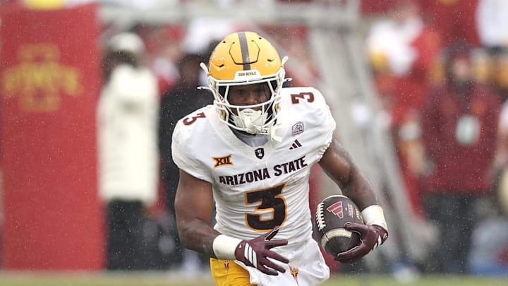 Nov 1, 2025; Ames, Iowa, USA; Arizona State Sun Devils running back Raleek Brown (3) runs the football against the Iowa State Cyclones during the first half at Jack Trice Stadium. Mandatory Credit: Reese Strickland-Imagn Images Nov 1, 2025; Ames, Iowa, USA; Arizona State Sun Devils running back Raleek Brown (3) runs the football against the Iowa State Cyclones during the first half at Jack Trice Stadium. Mandatory Credit: Reese Strickland-Imagn Images