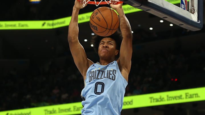 Oct 28, 2024; Memphis, Tennessee, USA; Memphis Grizzlies forward Jaylen Wells (0) dunks the ball during the first half against the Chicago Bulls at FedExForum. Mandatory Credit: Petre Thomas-Imagn Images
