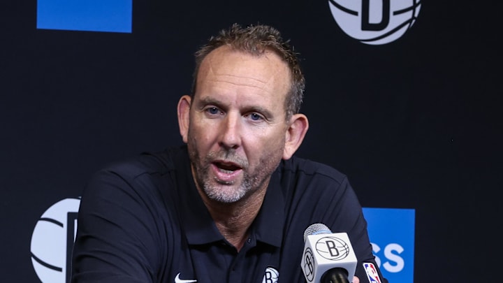 Sep 23, 2025; Brooklyn, NY, USA;  Brooklyn Nets general manager Sean Marks speaks at Media Day.  Mandatory Credit: Wendell Cruz-Imagn Images