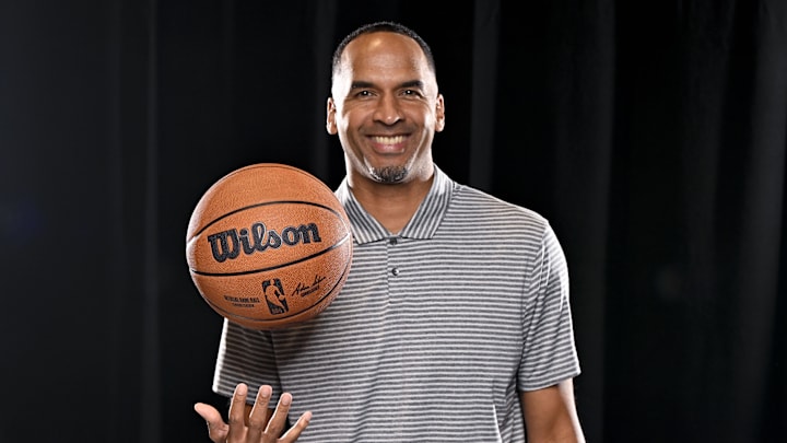 Sep 30, 2024; Dallas, TX, USA; Dallas Mavericks general manager Nico Harrison poses for a photo during the 2024 Dallas Mavericks media day. Mandatory Credit: Jerome Miron-Imagn Images