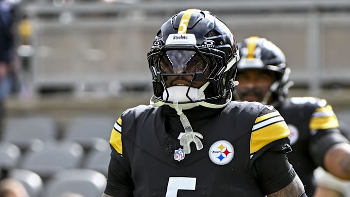 Oct 12, 2025; Pittsburgh, Pennsylvania, USA; Pittsburgh Steelers cornerback Jalen Ramsey (5) warms up before the game at Acrisure Stadium. Mandatory Credit: Barry Reeger-Imagn Images