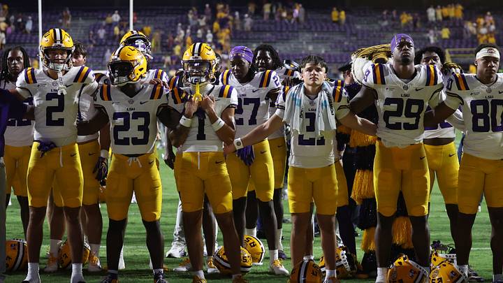 LSU Tigers line up in front of fans after the win over the Texas A&M Aggies at Tiger Stadium. LSU Tigers line up in front of fans after the win over the Texas A&M Aggies at Tiger Stadium.