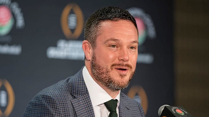Oregon Ducks head coach Dan Lanning speaks during a Rose Bowl press conference in Los Angeles on Dec. 31, 2024.