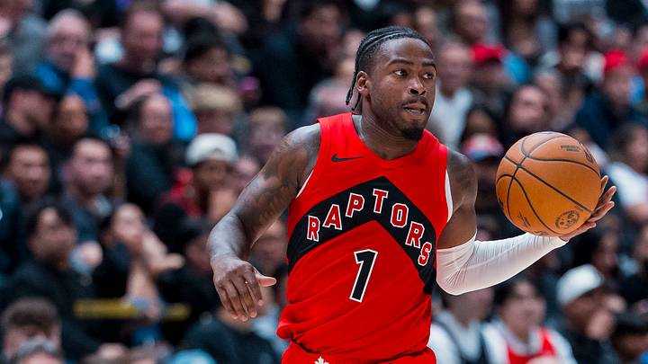 Oct 10, 2026; Vancouver, British Columbia, CAN;  Toronto Raptors guard Jamal Shead (1) handles the ball against the Los Angeles Clippers in the second half at Rogers Arena.  Mandatory Credit: Bob Frid-Imagn Images
