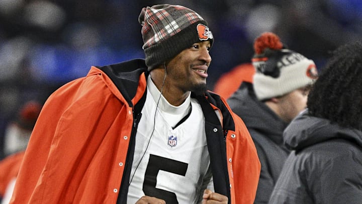Jan 4, 2025; Baltimore, Maryland, USA; Cleveland Browns quarterback Jameis Winston (5) reacts during the game against Baltimore Ravens at M&T Bank Stadium. Mandatory Credit: Tommy Gilligan-Imagn Images