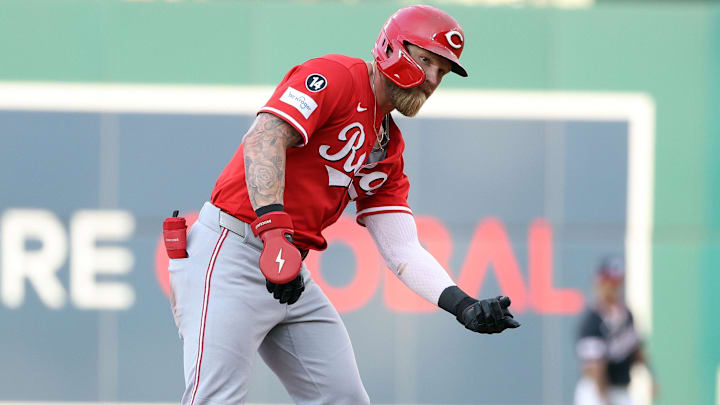 Jul 21, 2025; Washington, District of Columbia, USA; Cincinnati Reds outfielder Jake Fraley (27) celebrates after hitting a double during the third inning against the Washington Nationals at Nationals Park. Mandatory Credit: Daniel Kucin Jr.-Imagn Images Jul 21, 2025; Washington, District of Columbia, USA; Cincinnati Reds outfielder Jake Fraley (27) celebrates after hitting a double during the third inning against the Washington Nationals at Nationals Park. Mandatory Credit: Daniel Kucin Jr.-Imagn Images