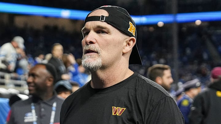 Washington Commanders head coach Dan Quinn walks up the tunnel during warm up before the NFC divisional round between Detroit Lions and Washington Commanders at Ford Field in Detroit on Saturday, Jan. 18, 2025.
