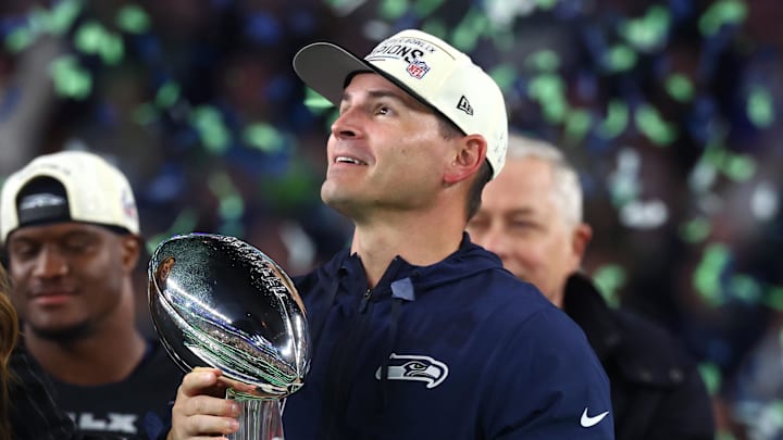 Seattle Seahawks head coach Mike Macdonald celebrates