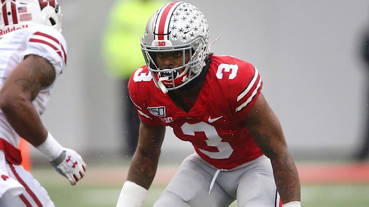 Oct 26, 2019; Columbus, OH, USA; Ohio State Buckeyes cornerback Damon Arnette (3) covers Wisconsin Badgers wide receiver Kendric Pryor (3) during the third quarter at Ohio Stadium. Mandatory Credit: Joe Maiorana-Imagn Images