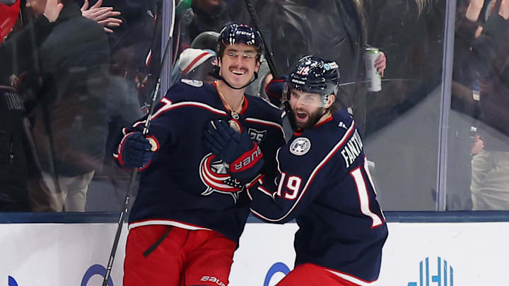 Jan 24, 2026; Columbus, Ohio, USA; Columbus Blue Jackets left wing Mason Marchment (17) celebrates his third goal of the game with center Adam Fantilli (19) during the third period against the Tampa Bay Lightning at Nationwide Arena. Mandatory Credit: Joseph Maiorana-Imagn Images Jan 24, 2026; Columbus, Ohio, USA; Columbus Blue Jackets left wing Mason Marchment (17) celebrates his third goal of the game with center Adam Fantilli (19) during the third period against the Tampa Bay Lightning at Nationwide Arena. Mandatory Credit: Joseph Maiorana-Imagn Images