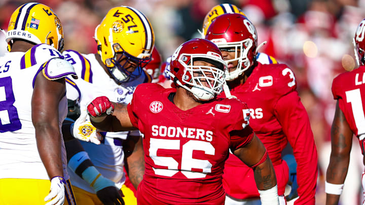 Oklahoma defensive tackle Gracen Halton celebrates after making a play against LSU.