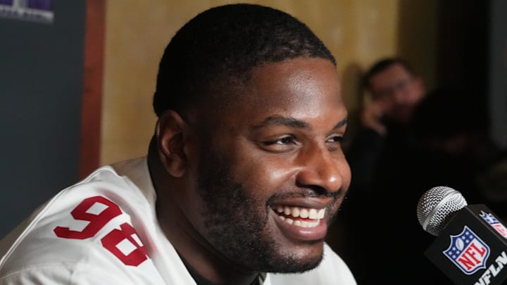 Feb 6, 2024; Las Vegas, NV, USA; San Francisco 49ers defensive tackle Javon Hargrave (98) during a press conference before Super Bowl LVIII at the Hilton Lake Las Vegas Resort. Mandatory Credit: Kirby Lee-Imagn Images Feb 6, 2024; Las Vegas, NV, USA; San Francisco 49ers defensive tackle Javon Hargrave (98) during a press conference before Super Bowl LVIII at the Hilton Lake Las Vegas Resort. Mandatory Credit: Kirby Lee-Imagn Images