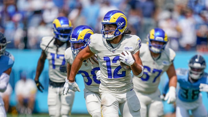 Los Angeles Rams wide receiver Puka Nacua (12) runs in a touchdown against the Tennessee Titans during the first quarter at Nissan Stadium in Nashville, Tenn., Sunday, Sept. 14, 2025.