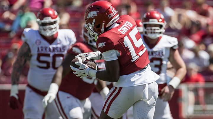 Arkansas Razorbacks defensive back Nsongbeh Ginyui (15) intercepts a pass and goes on to score a touchdown during the spring game at Razorback Stadium. Arkansas Razorbacks defensive back Nsongbeh Ginyui (15) intercepts a pass and goes on to score a touchdown during the spring game at Razorback Stadium.