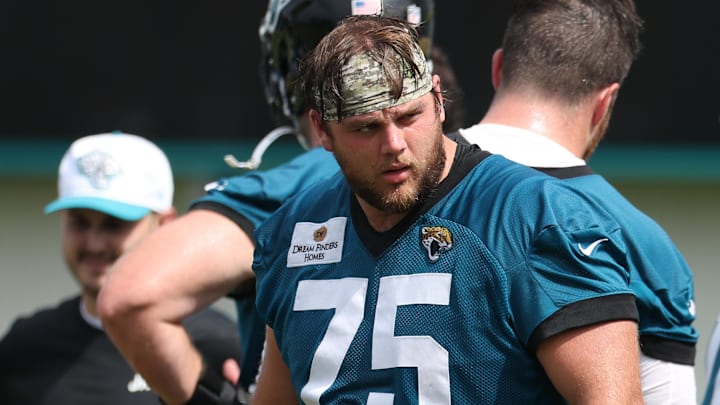 Jul 25, 2024; Jacksonville, FL, USA; Jacksonville Jaguars offensive tackle Cooper Hodges (75) participates in training camp at Miller Electric Center.