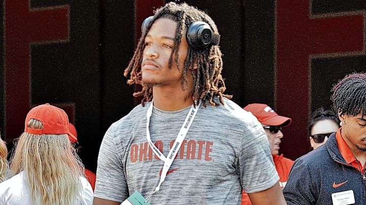 Oct 5, 2024; Columbus, OH, USA; Class of 2025 McKinney, Texas, linebacker Riley Pettijohn walks to the field ahead of Ohio State's 35-7 win over the Iowa Hawkeyes after the NCAA football game at Ohio Stadium.