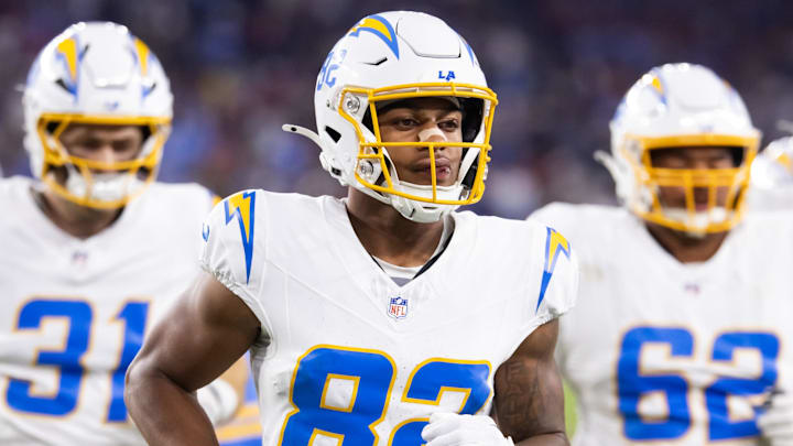 Oct 21, 2024; Glendale, Arizona, USA; Los Angeles Chargers wide receiver Brenden Rice (82) against the Arizona Cardinals at State Farm Stadium. Mandatory Credit: Mark J. Rebilas-Imagn Images