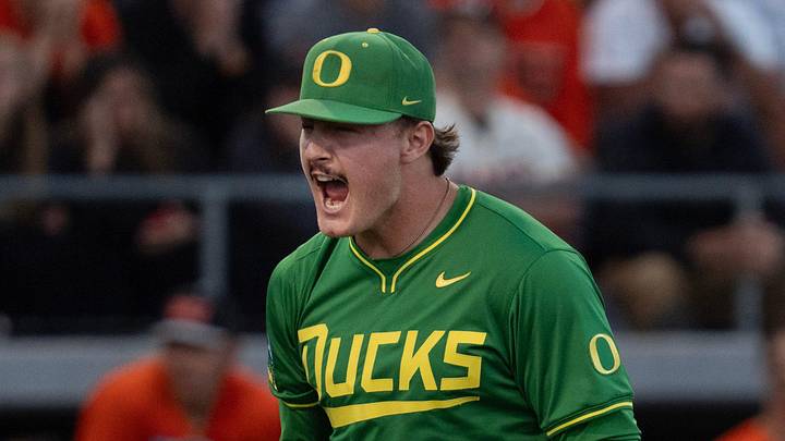 Oregon pitcher Luke Morgan celebrates getting out of seventh inning against Oregon State on day three at the NCAA Eugene Regional Tournament at PK Park in Eugene May 31, 2026. Oregon pitcher Luke Morgan celebrates getting out of seventh inning against Oregon State on day three at the NCAA Eugene Regional Tournament at PK Park in Eugene May 31, 2026.