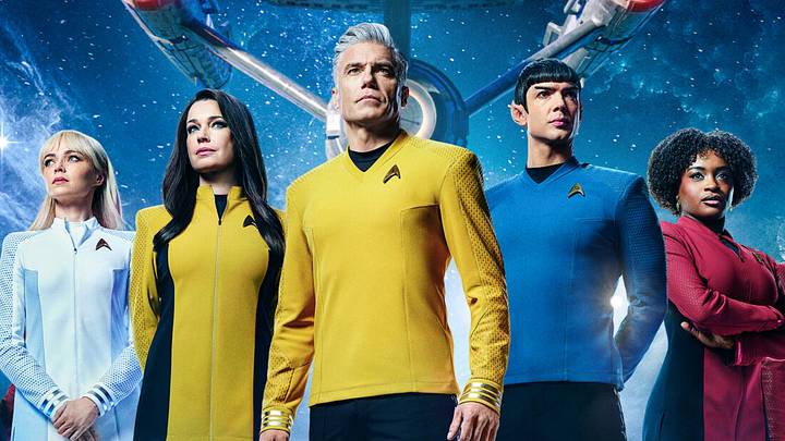Key Art for Star Trek: Strange New Worlds Season 4, featuring Babs Olusanmokun as M’Benga, Melissa Navia as Ortegas, Jess Bush as Chapel, Rebecca Romijn as Una, Anson Mount as Captain Pike, Ethan Peck as Spock, Celia Rose Gooding as Uhura, Christina Chong as La’an and Paul Wesley as Kirk, streaming on Paramount+ 2026. Photo credit: Paramount+. Key Art for Star Trek: Strange New Worlds Season 4, featuring Babs Olusanmokun as M’Benga, Melissa Navia as Ortegas, Jess Bush as Chapel, Rebecca Romijn as Una, Anson Mount as Captain Pike, Ethan Peck as Spock, Celia Rose Gooding as Uhura, Christina Chong as La’an and Paul Wesley as Kirk, streaming on Paramount+ 2026. Photo credit: Paramount+.