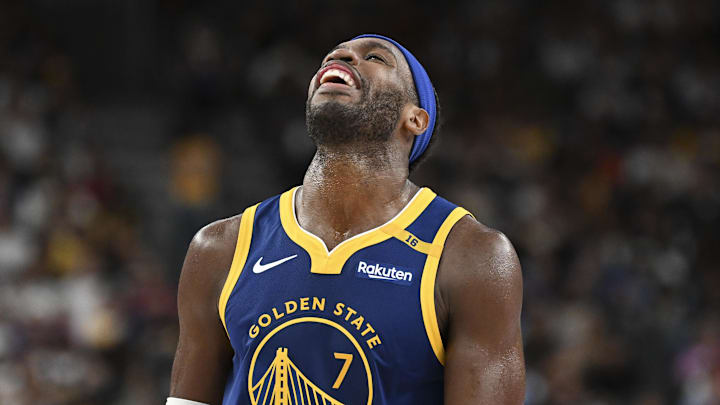 Oct 15, 2024; Las Vegas, Nevada, USA; Golden State Warriors guard Buddy Hield (7) reacts to a play against the Los Angeles Lakers in the fourth quarter during a preseason game at T-Mobile Arena. Mandatory Credit: Candice Ward-Imagn Images