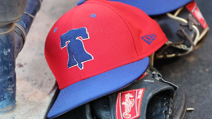 Mar 13, 2019; Tampa, FL, USA; A general view of Philadelphia Phillies hats laying in the dugout at George M. Steinbrenner Field. Mar 13, 2019; Tampa, FL, USA; A general view of Philadelphia Phillies hats laying in the dugout at George M. Steinbrenner Field.