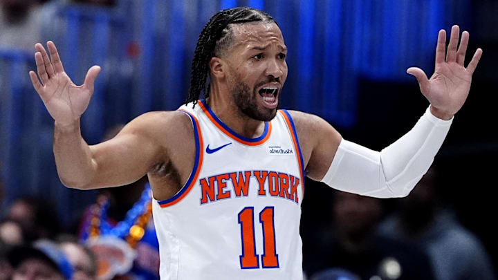 Mar 6, 2026; Denver, Colorado, USA; New York Knicks guard Jalen Brunson (11) reacts in the first quarter against the Denver Nuggets at Ball Arena. Mandatory Credit: Ron Chenoy-Imagn Images