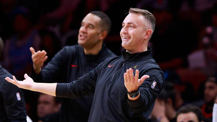 Dec 12, 2024; Miami, Florida, USA;  Toronto Raptors head coach Darko Rajakovic reacts against the Miami Heat during the second half at Kaseya Center. Mandatory Credit: Rhona Wise-Imagn Images