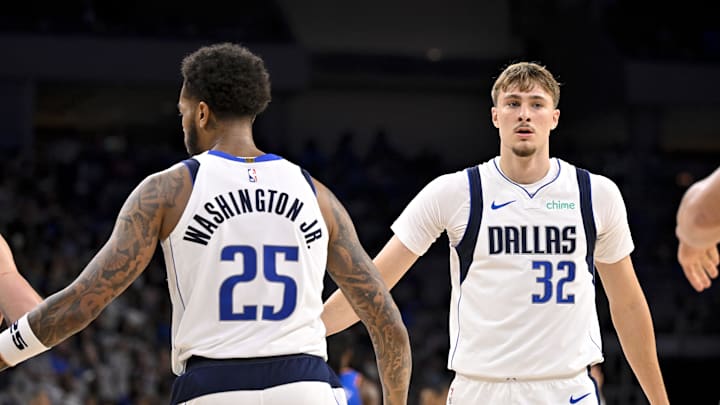 Oct 6, 2025; Fort Worth, Texas, USA; Dallas Mavericks forward Cooper Flagg (32) and forward P.J. Washington (25) celebrate a basket against the Oklahoma City Thunder during the second quarter at Dickie's Arena. Mandatory Credit: Jerome Miron-Imagn Images Oct 6, 2025; Fort Worth, Texas, USA; Dallas Mavericks forward Cooper Flagg (32) and forward P.J. Washington (25) celebrate a basket against the Oklahoma City Thunder during the second quarter at Dickie's Arena. Mandatory Credit: Jerome Miron-Imagn Images