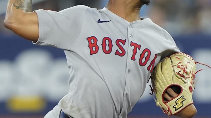 Sep 25, 2025; Toronto, Ontario, CAN; Boston Red Sox starting pitcher Brayan Bello (66) pitches to the Toronto Blue Jays during the first inning at Rogers Centre. Mandatory Credit: John E. Sokolowski-Imagn Images